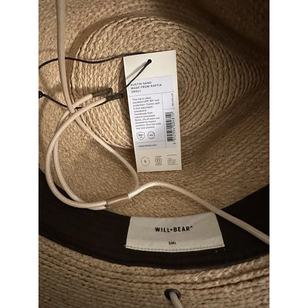 Will + Bear Raffia Sun Hat Austin Sand SML Small Unisex UPF 50+ Adjustable Strap